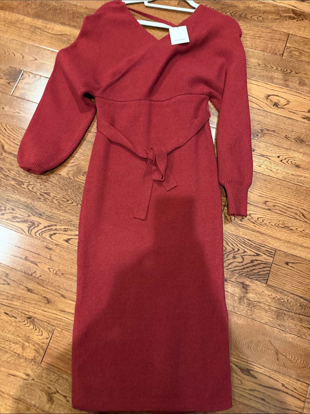 V-Neck Red Midi Knit Dress with Self Tie Belt